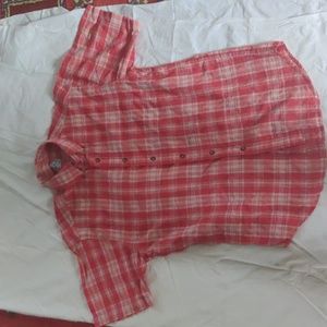 Brooks Brothers 100% cotton madras s/s men's shirt. Cream and orangy/red plaid.